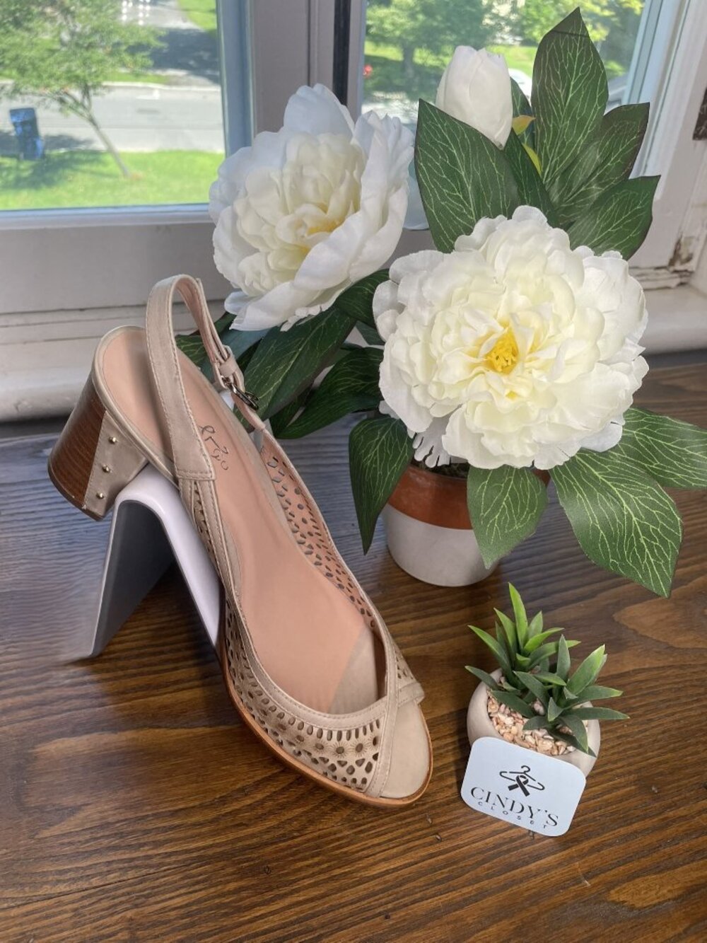 Bos. & Co. Laser Cut Leather Slingback Wedge Sandals Cream